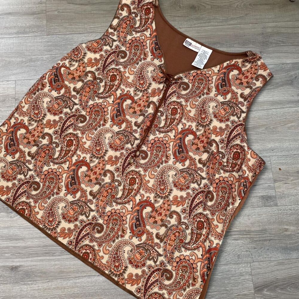 Faded Glory 26W Brown Cream Boho Paisley Tank Top Y2K Lace Up Festival VTG Plus